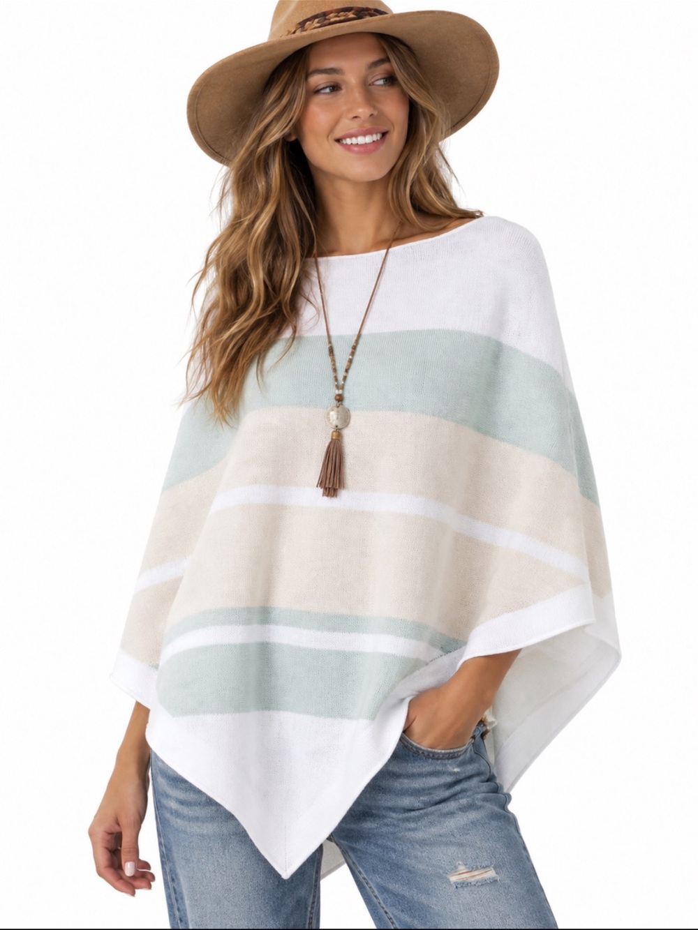 Barefoot Dreams CozyChic Ultra Lite Ocean Breeze Poncho Mint Stripe OS NWT